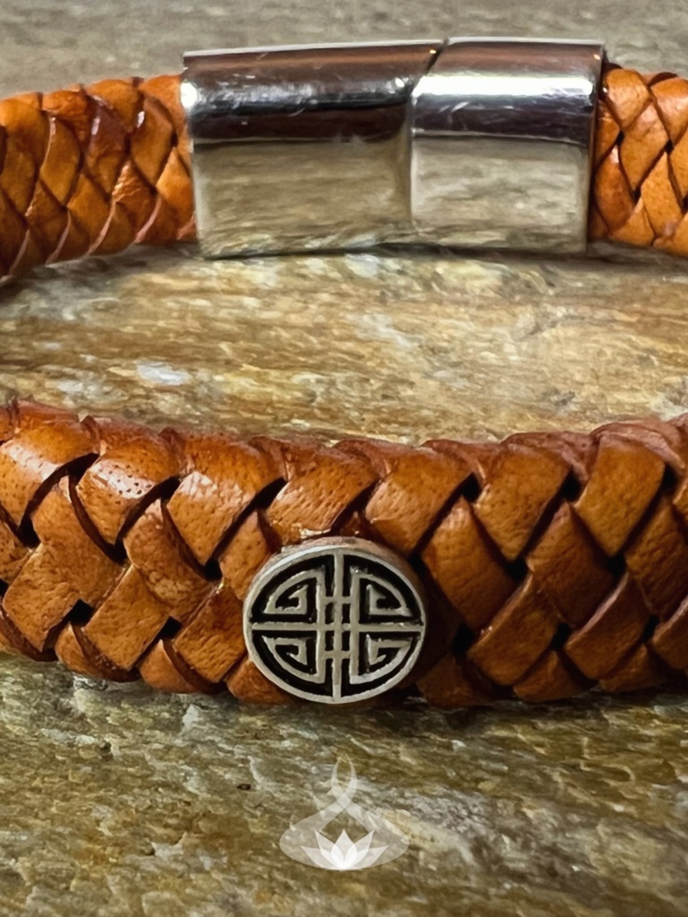 Braided Leather Bracelet w/Real Silver Longevity Symbol | Magnetic SS Clasp